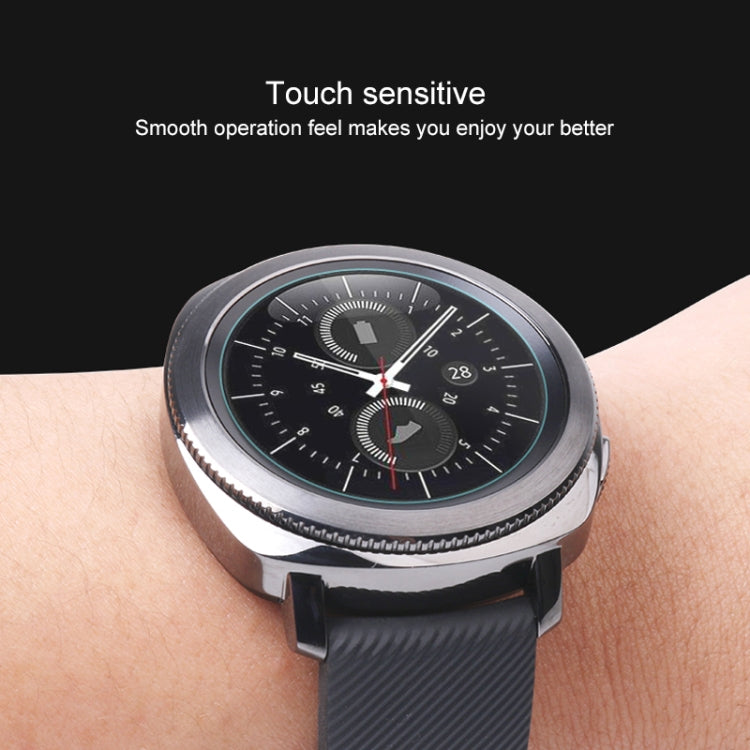 27mm round tempered glass watch screen protector film on watch with black strap