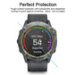 Tempered glass screen protector film on smartwatch screen, hydrophobic smooth-touch coating