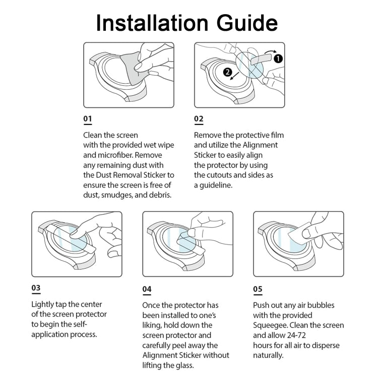 Screen protector installation guide with cleaning, alignment, and bubble-smoothing steps