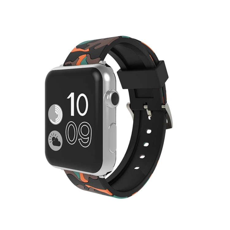 Silicone camouflage watch band with orange-red and teal pattern on black watch