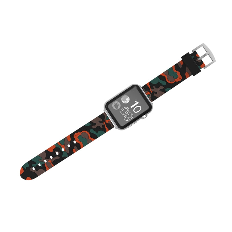 Silicone camouflage watch band, 38mm, orange-red and teal pattern with metal clasp