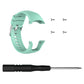 Mint green silicone watch band with metal buckle and vented strap holes.