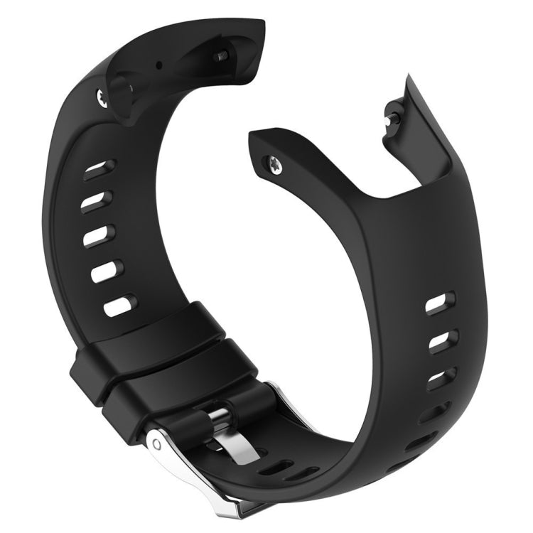 Black silicone watch band with metal clasp and perforated strap holes.