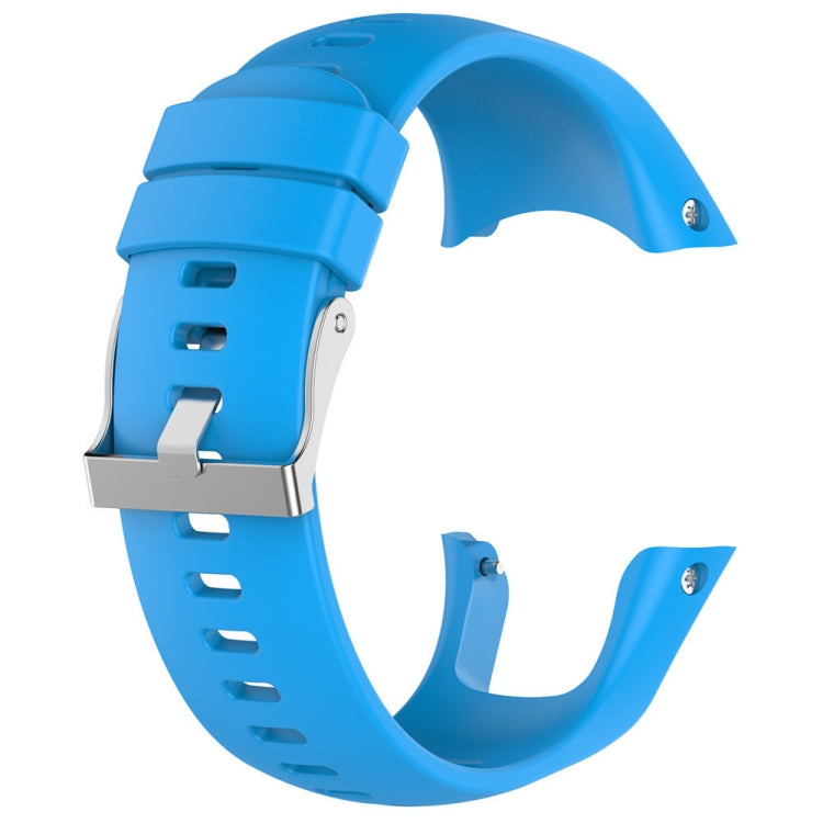 Sky blue silicone watch band with metal buckle and punched strap holes.
