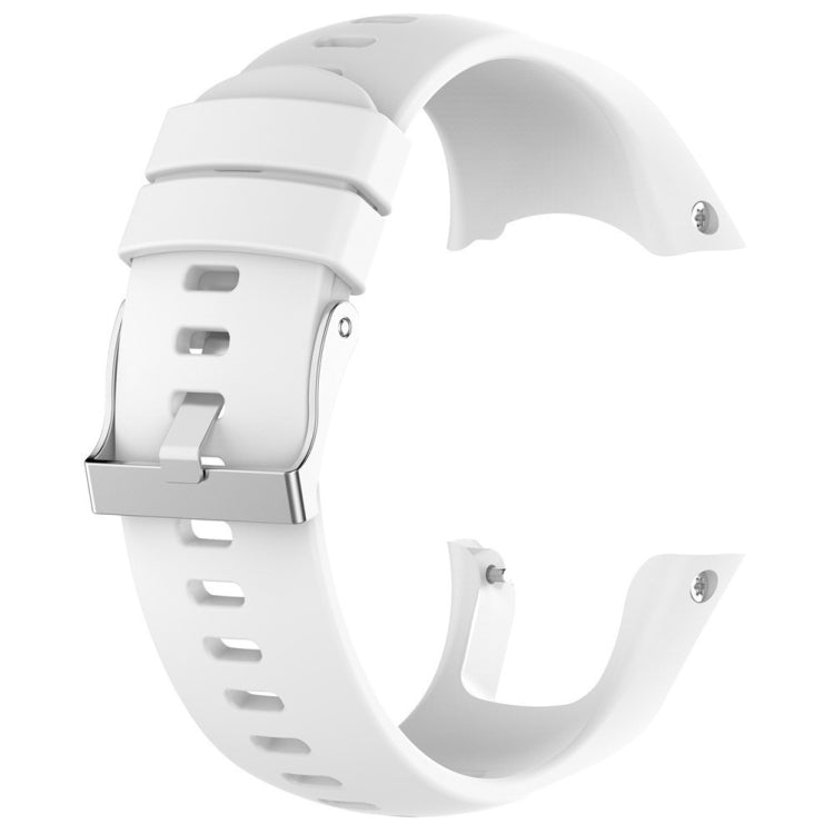 White silicone watch band with metal clasp and punched strap holes.