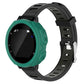 Mint green silicone protective watch case with cutouts and buttons, on black strap