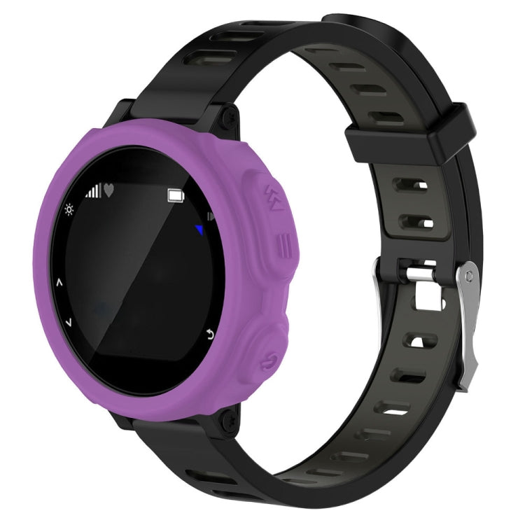 Purple silicone protective watch case with cutouts and buttons, on black strap