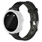 White silicone protective watch case with cutouts and buttons, on black strap