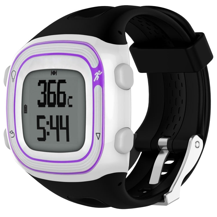 Black silicone sport watch with rectangular digital display and purple-edged band