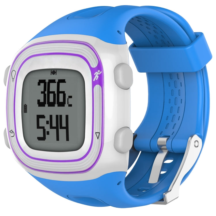 Blue and white silicone sport watch with rectangular digital display and purple border