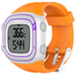 Orange and white silicone sport watch with rectangular digital display and purple border
