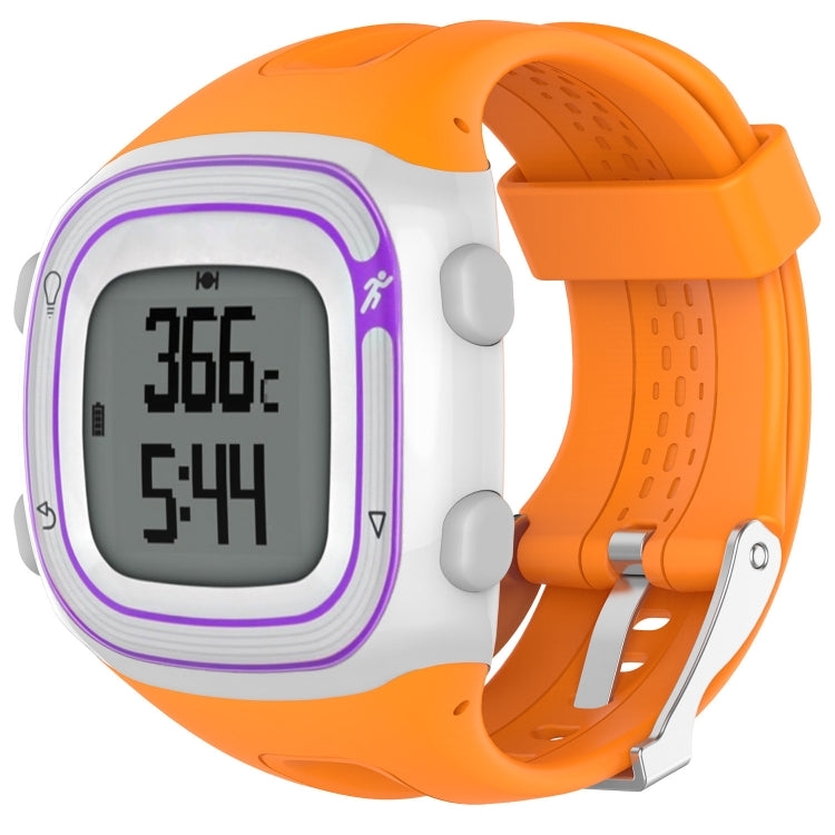 Orange and white silicone sport watch with rectangular digital display and purple border