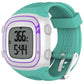 Mint green and white silicone sport watch with rectangular digital display and purple border