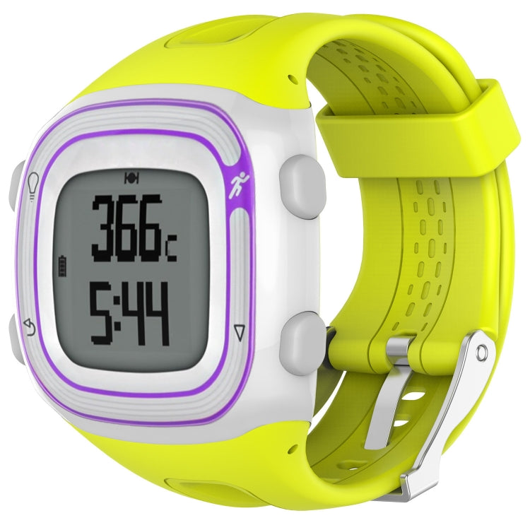 Yellow and white silicone sport watch with rectangular digital display and purple border