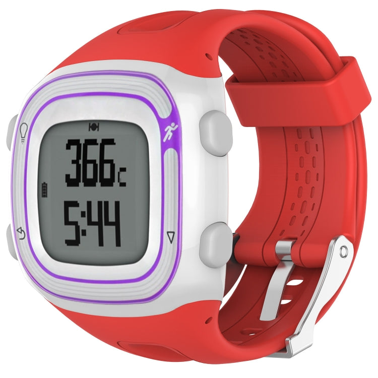 Red and white silicone sport watch with rectangular digital display and purple border