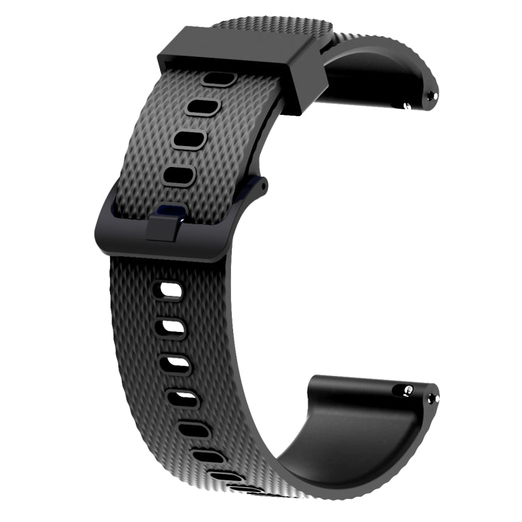 Black silicone sport watch band with perforated strap and pin buckle, 20mm