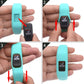 Mint green silicone sport watch band installation steps with arrows on a hand