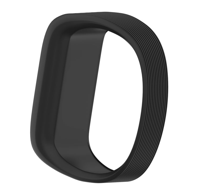 Black silicone sport watch band with ribbed outer edge and rectangular connector
