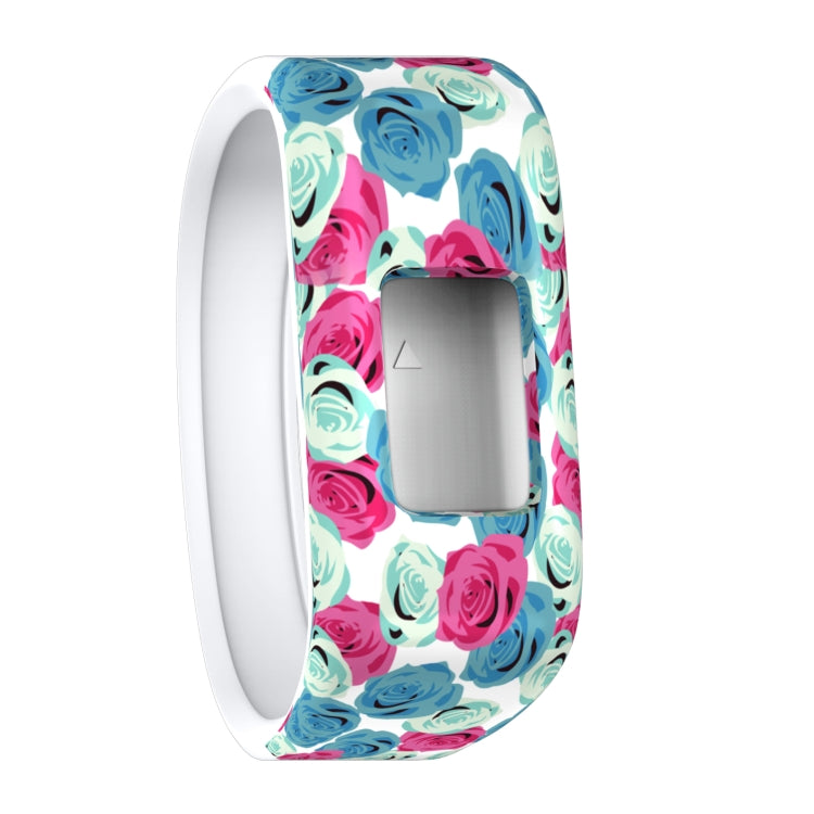Floral rose-print silicone sport watch band with rectangular cutout and white edge
