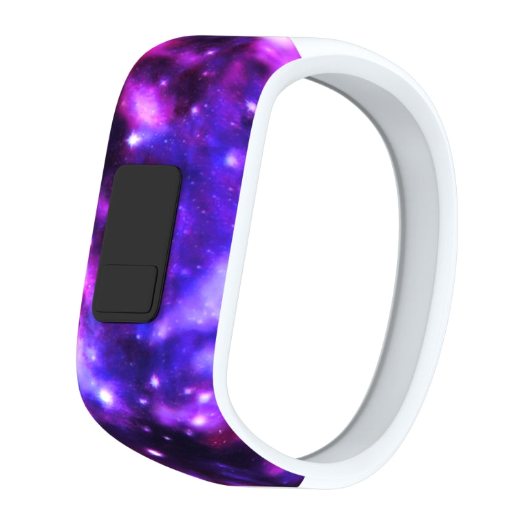 Purple galaxy-pattern silicone sport watch band with white rim, side view