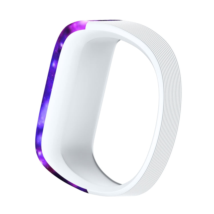 Purple galaxy-pattern silicone sport watch band with white back strap edge view