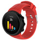 Red silicone watch band with perforated strap and metal buckle, shown with smartwatch face