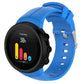 Sky blue silicone watch band with perforated strap and metal buckle, shown with smartwatch face
