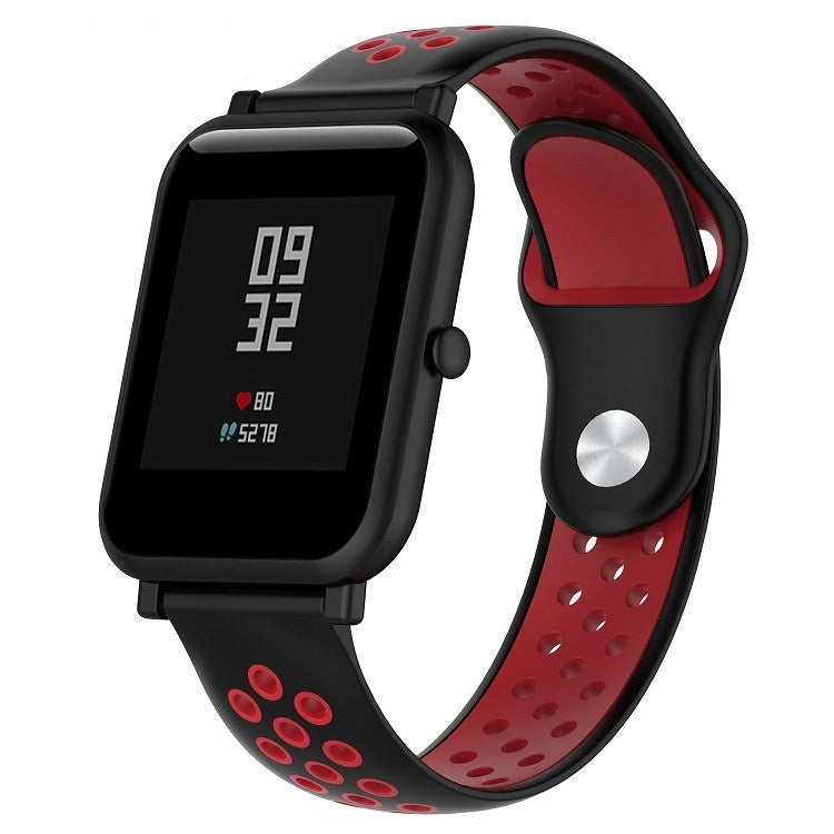 Double-color silicone sport watch band, black outer with red perforated strap