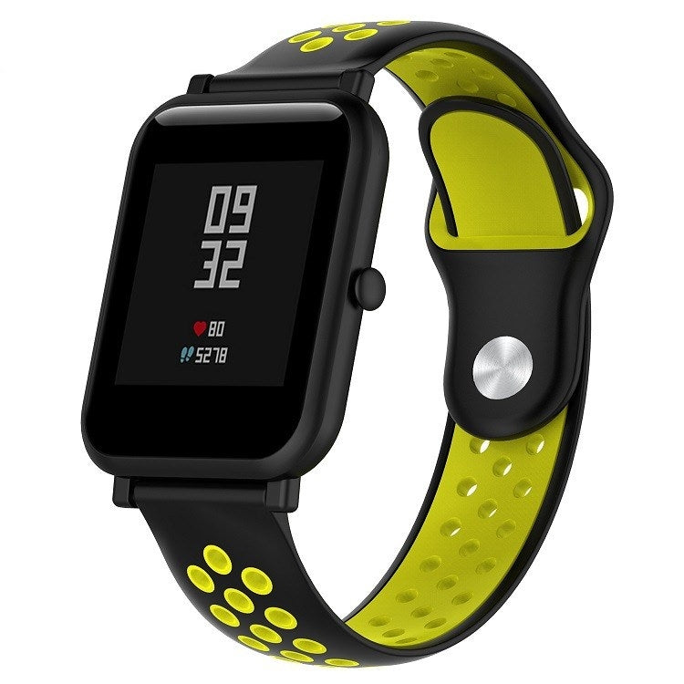 Double-color silicone sport watch band, black outer with lime green perforated strap