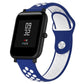 Silicone sport watch band with blue and white perforated straps, black watch case