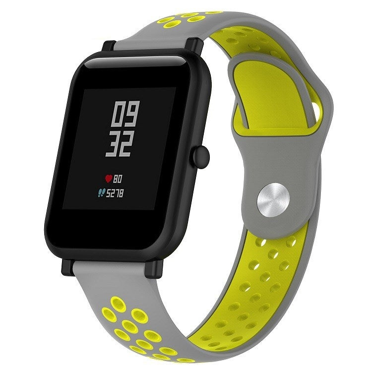 Double-color silicone sport watch band, gray outer with neon yellow perforated strap