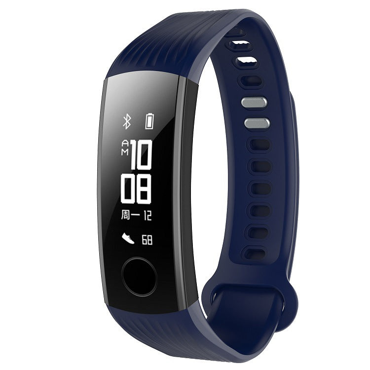 Dark blue silicone watch band with dark display and adjustable clasp for activity tracker