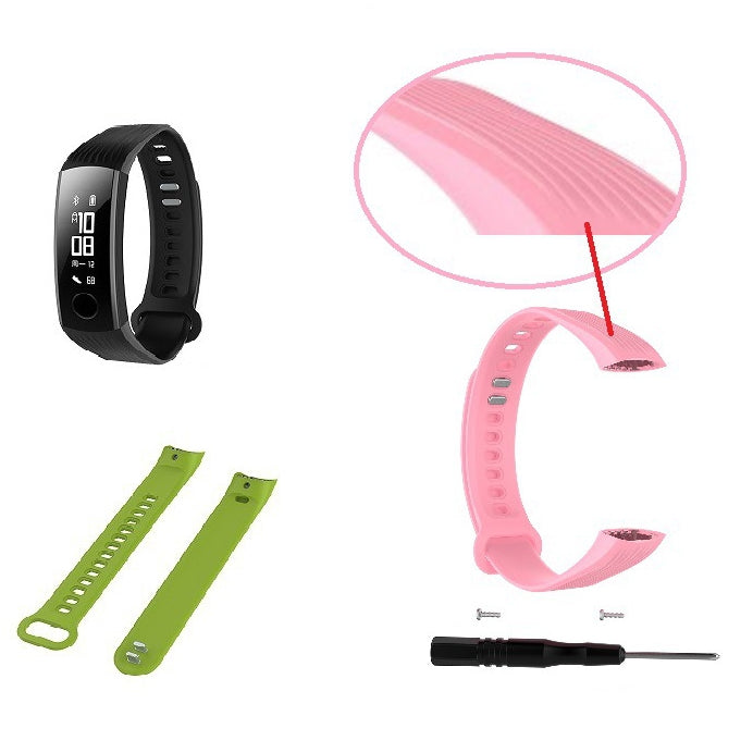 Silicone watch band set: pink and green straps, with tool and tracker band