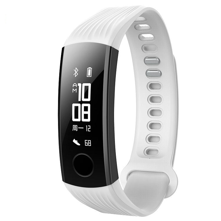 White silicone watch band with dark display and adjustable clasp for activity tracker