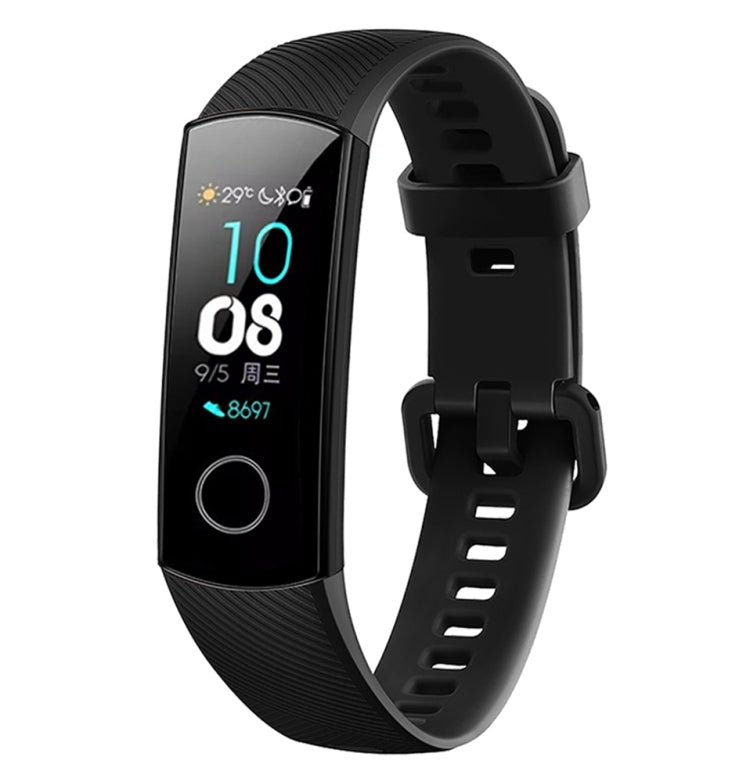 Black silicone watch band with textured strap and adjustable buckle for fitness tracker