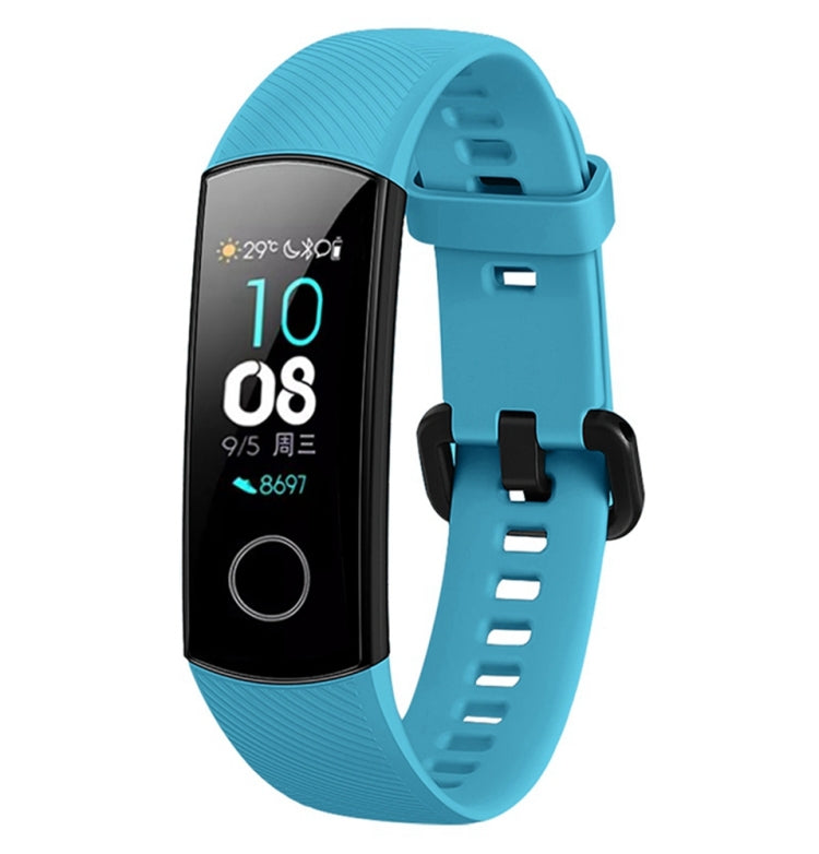 Aqua blue silicone watch band with textured strap and adjustable buckle for fitness tracker