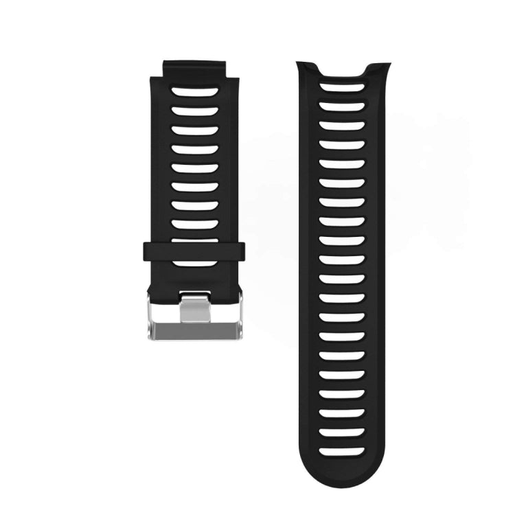 Black silicone watch band with ridged holes and metal buckle clasp, shown in two angles