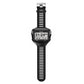 Black silicone watch band with metal buckle, worn on a round smartwatch display
