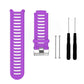 Purple silicone watch band with ridged strap and metal clasp, with extra pin tools
