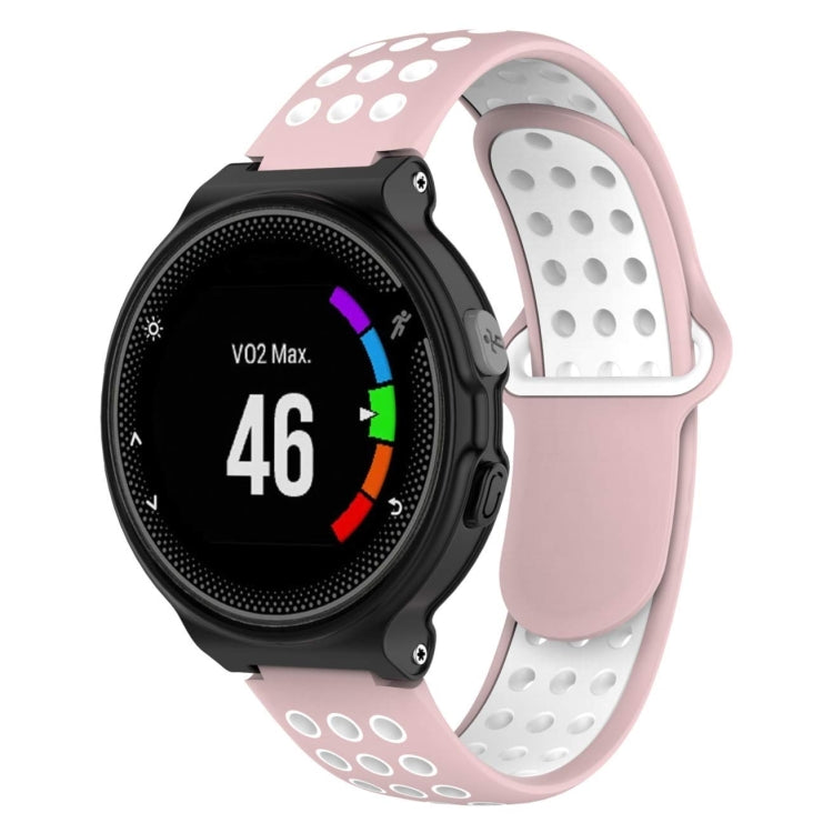 Silicone sport watch band in pink and light gray, with perforated oval ventilation holes