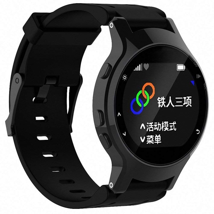 Black silicone sport watch band with perforated strap and black watch holder.