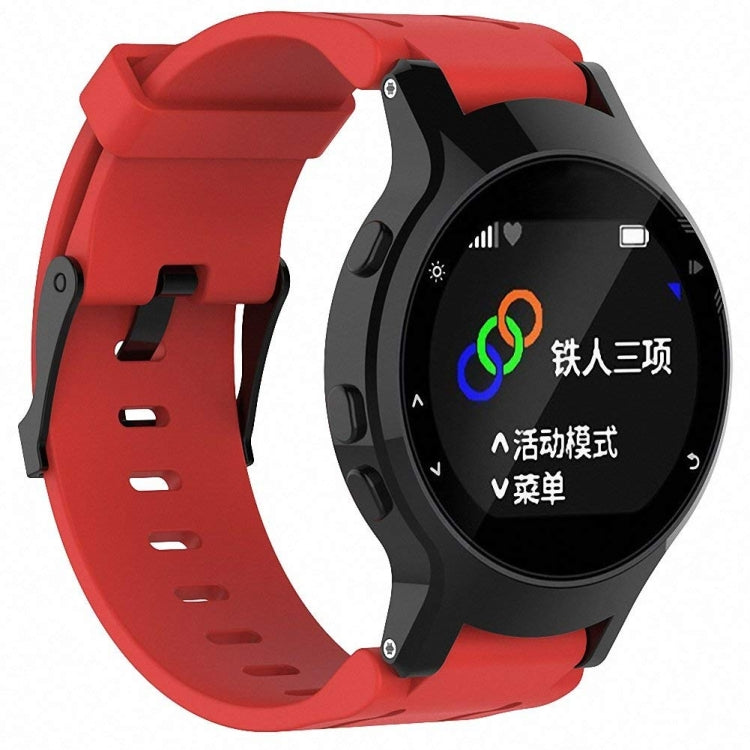 Red silicone sport watch band with adjustable holes and black clasp for smartwatch