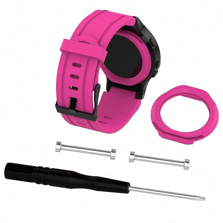 Pink silicone sport watch band kit with strap, extra loop, and metal pin tools.