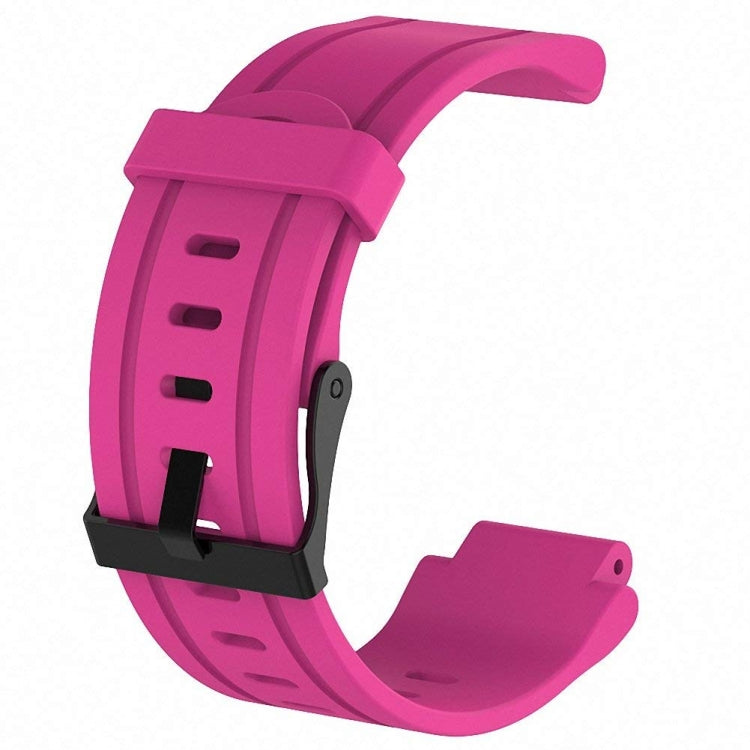 Rose red silicone sport watch band with perforated strap and black attachment piece.