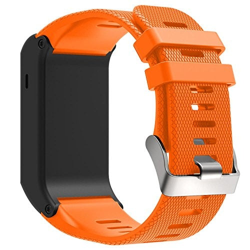Orange silicone sport watch band with textured pattern and metal buckle clasp