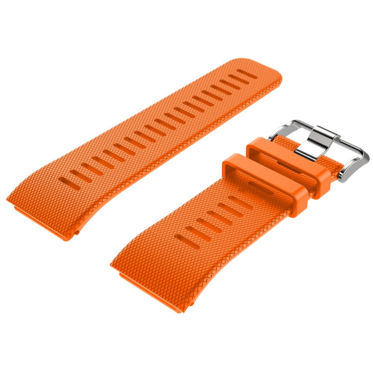 Orange silicone sport watch band with quick-release metal buckle and textured links
