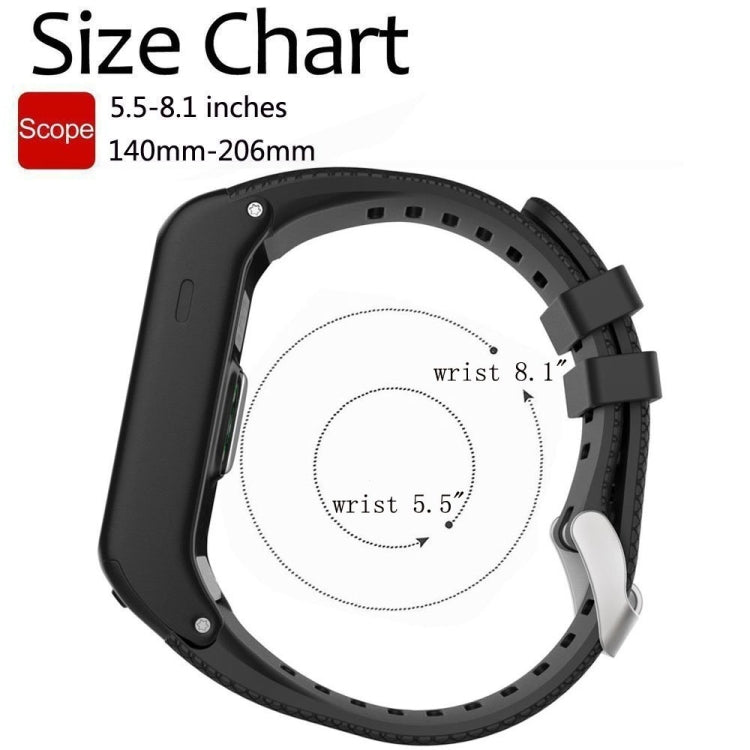 Black silicone sport watch band with perforated texture and adjustable holes