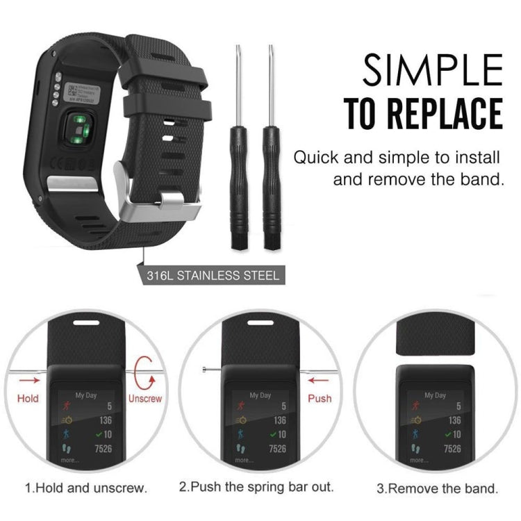 Black silicone sport watch band with spring-bar removal tool and quick-swap clips