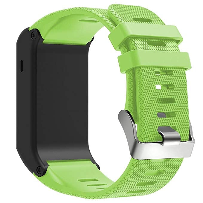Green silicone sport watch band with textured pattern and metal buckle clasp