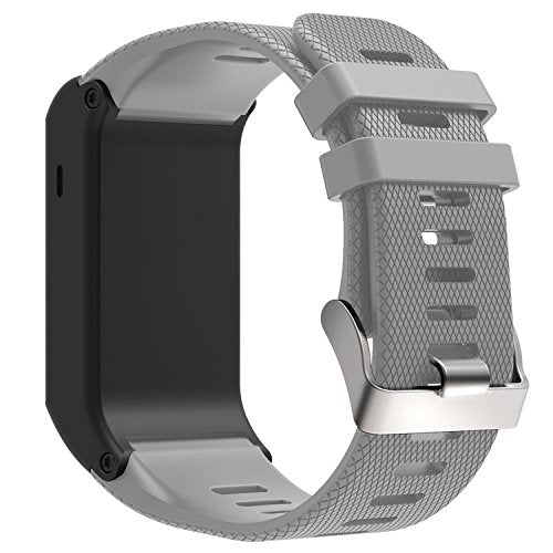 Grey silicone sport watch band with textured pattern and metal buckle clasp